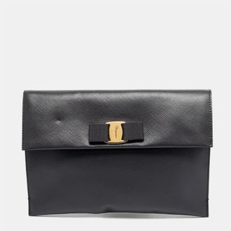 Ferragamo Grey Leather Vara Bow Flat Clutch