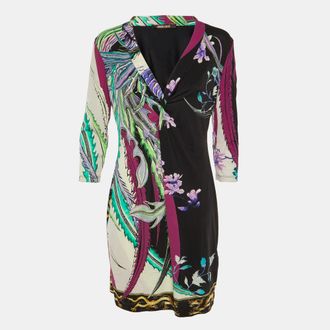 Roberto Cavalli Purple Abstract Floral Print Jersey Knotted Mini Dress