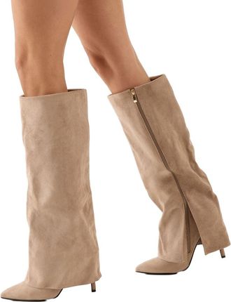 Misspap Faux Leather Sleeve Pointed High Stiletto Heel Knee Boots, 8, Beige