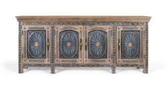 Giner&Colomer Aparador de teca tallada en dos tonos, natural y azul envejecido