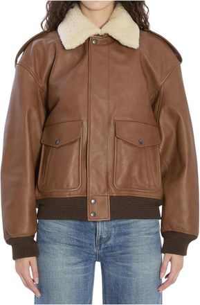 Saint Laurent Shearling-collar Bomber Jacket - female - Saint Laurent - Leather Jackets - Brown - S - Jackets