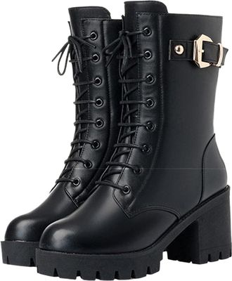 Generic Womens Lace-Up Fashion Boots, Cozy Fall Mid Calf Platform Fur Lined Riding Boots, Chunky Heels Winter Ankle Booties (Single,37.5EU)