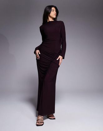 Daska Vestito lungo sinuoso arricciato con volant e cuciture color vino-Rosso