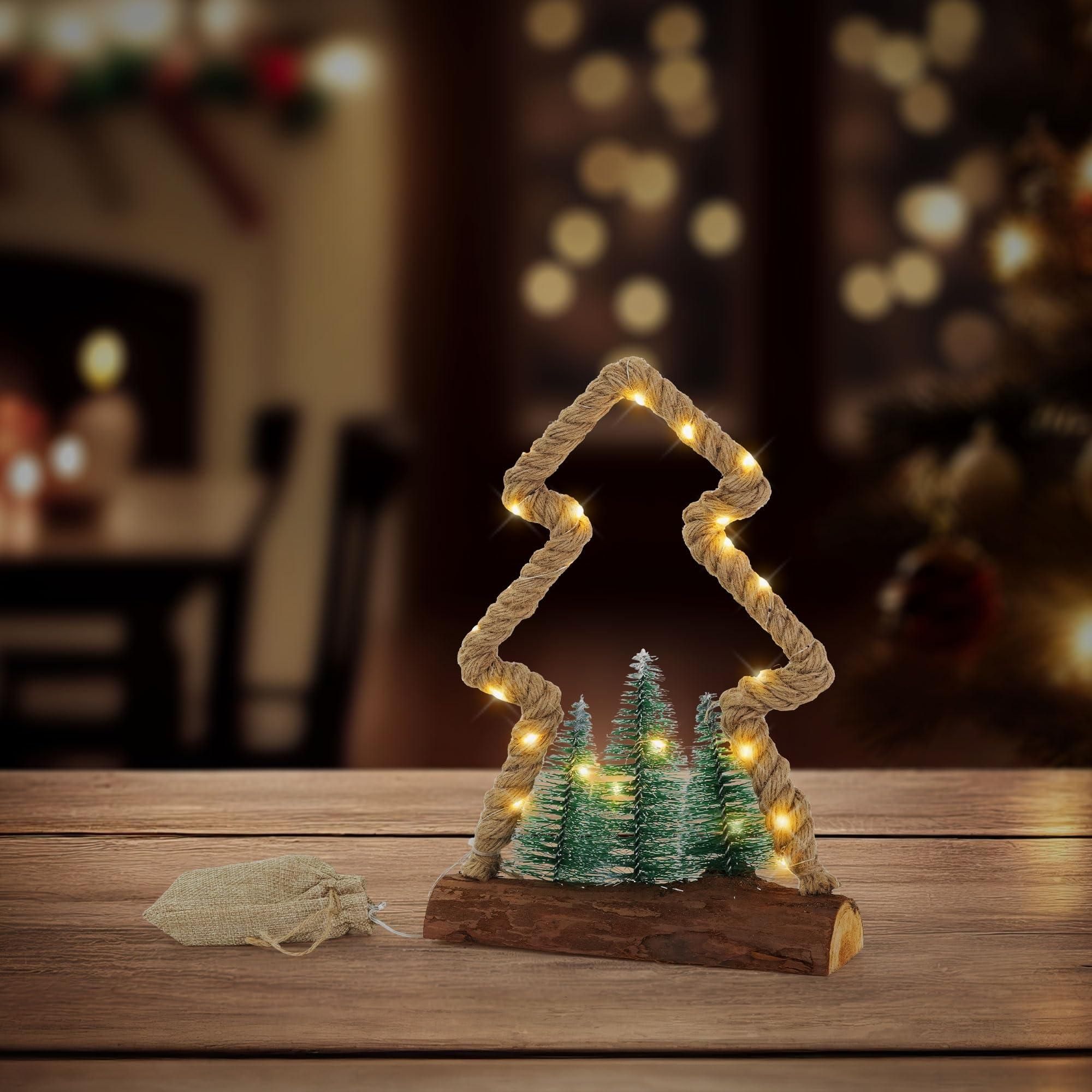 MIJOMA LED Weihnachtsdeko Zum Hängen – Tanne Aus Metall & Jute, Mit Timer, Batteriebetrieben, Rustikale Winterdeko, Ca