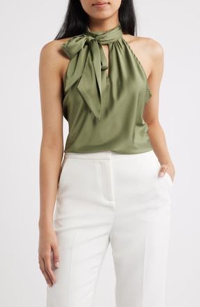 Tahari by ASL Tie Neck Sleeveless Satin Top in Agave at Nordstrom, Size X-Small P