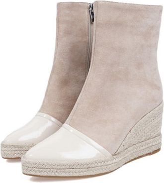 Generic Womens Patchwork Ankle Boots Platform Pointed Toe Wedge Heels Espadrilles Pumps Shoes Pull On Warm Winter Shoes (Beige,7.5)