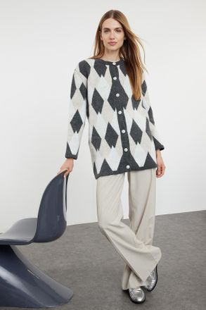 Trendyol Modest Dames Grijs Ruitpatroon Lang Oversized Modest Vesten