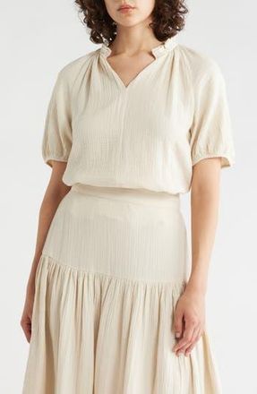 Caslon Split Neck Puff Sleeve Cotton Gauze Top in Beige Rainy Day at Nordstrom Rack, Size X-Small