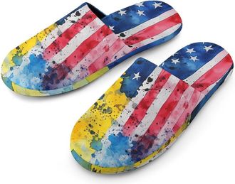Generic Ukraine U.S. Flag Watercolor Flannel Mens Slip-on Slippers Winter Warm House Shoes with Rubber Sole for Home Hotel