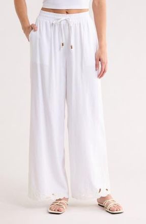 Ellen Tracy Embroidered Eyelet Hem Wide Leg Pull-On Pants in White at Nordstrom Rack, Size X-Small