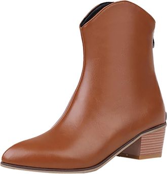 Generic 2023 Korean Style Womens Pointed Toe Ankle Boots Elevated Block Heel Western Leather Design Solid Colour Large Sizes (Brown, 6.5)