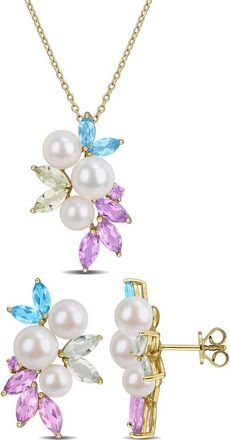 Delmar 7.5-8mm Cultured Freshwater Pearl & Gemstone Cluster Earrings & Necklace Set in Gold Multi at Nordstrom Rack