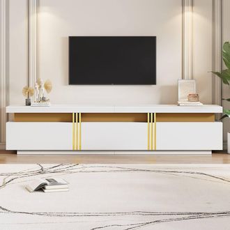 Matteo White Faux Marble TV Stand - Golden Panel - 3 Drawers Media Unit