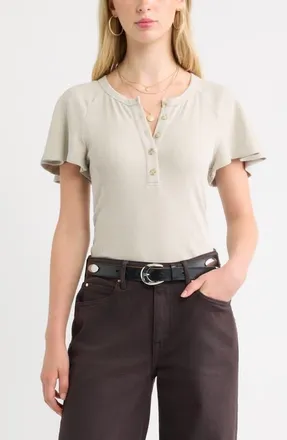 Treasure & Bond Flutter Sleeve Ribbed Henley in Beige Silver at Nordstrom, Size Xx-Small
