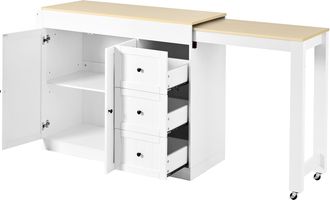 STILVORA Isola Da Cucina Con 3 Cassetti, Portaspezie E Piano Estensibile Con Ruote, In Mdf, Bianco, 112-186.8 X 45 X 93 Cm