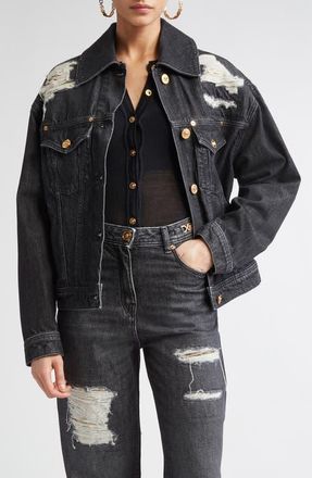 Versace Rip & Repair Denim Trucker Jacket in Black at Nordstrom, Size 4 Us