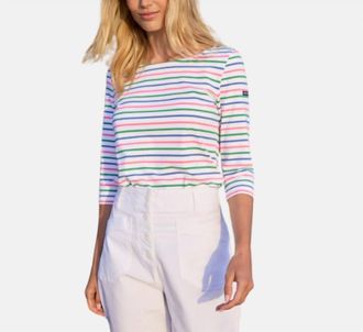 Saint James Striped Top With 3/4 Sleeves In White/vert