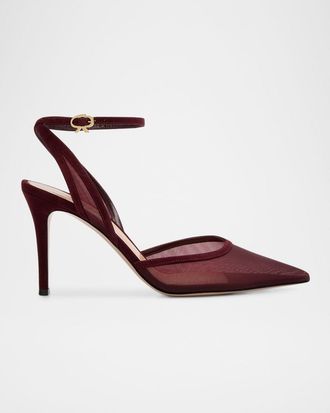 Gianvito Rossi Suede Organza Ankle-Strap Pumps