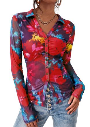 PrettyGarden Women Button Down Floral Shirts 2025 Fall Trendy Long Sleeve V Neck Ruched Mesh Boho Blouse Tops Date Outfits, Floral Navy Red, M