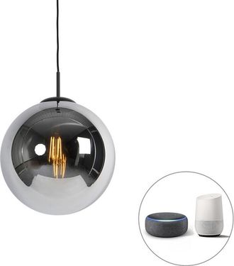 QAZQA Qazqa Art D&eacute;co L&aacute;mpara Colgante Inteligente Negra Con Cristal Ahumado 30 Cm Con Wifi St64 - Pallon Vidrio /acero Esfera /alargada Adecuado Para Led Ma