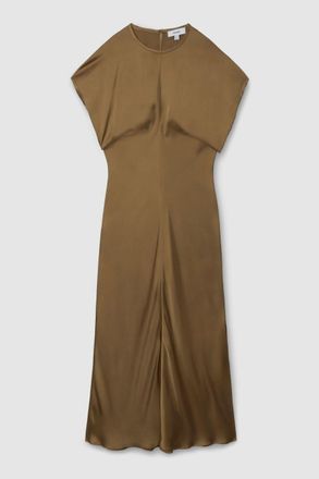 Reiss Womens Khaki Draped Short Sleeve Midi Dress, Size: 8
