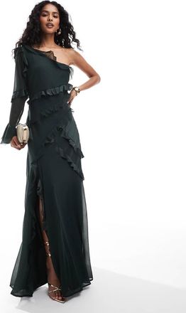 Asos one shoulder bias cut ruffle satin chiffon mix maxi dress in forest green