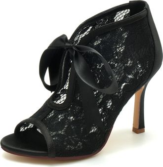 Minitoo Womens Comfortable Wedding Sandals Lace Bridal Formal Party Booties with Ribbon BR095 Black UK 8