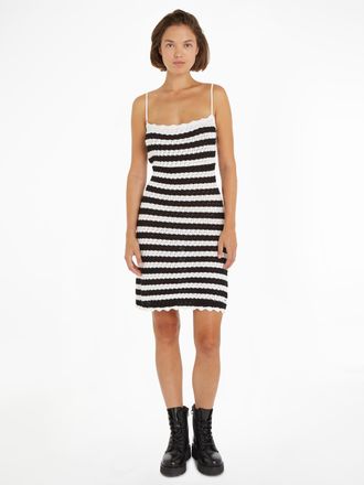 Tommy Jeans Spaghettikleid TOMMY JEANS TJW CROCHET STRIPE DRESS, Damen, Gr. XL (42), N-Gr, schwarz (schwarz, stripe), Jersey, Obermaterial: 100% Baumwolle, gestre