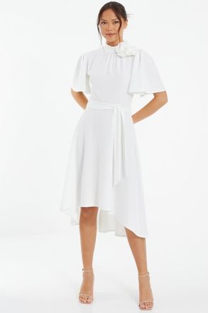 Quiz Scuba Crepe Flower Detail Dip Hem Dress in White at Nordstrom, Size 10