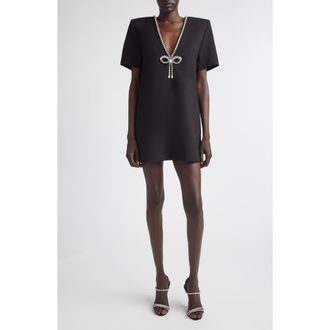 Area Crystal Bow V-Neck Ponte Knit T-Shirt Minidress in Black at Nordstrom, Size X-Small