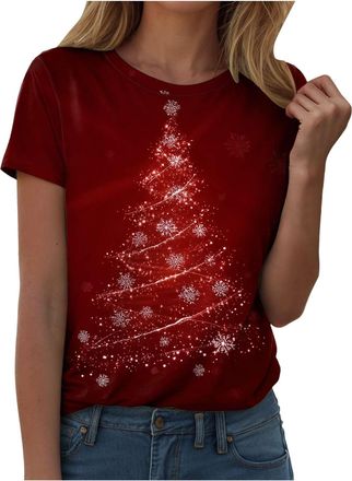 Generic Christmas Blouse Tops Woman Ladies Short Sleeve Tshirts Lightweight Christmas Tree Jumper Graphic Pullover Holiday Crewneck Tunic Tops Fashion Tshirts