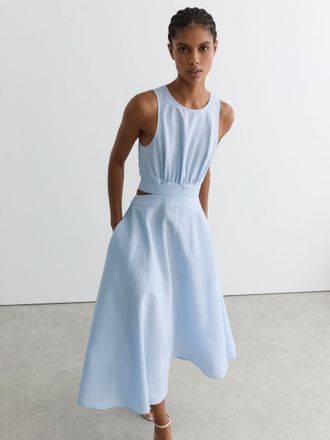 Reiss Blue Linen-cotton Cut-out Midi Dress, 12