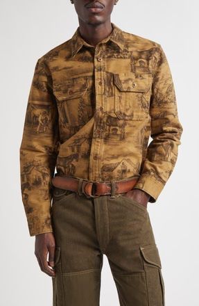 Ralph Lauren Ranch Print Cotton Moleskin Button-Up Shirt in Rl-764 Brown at Nordstrom, Size Large