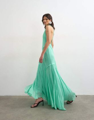 Topshop Vestito lungo premium accollato in viscosa verde mela con schiena scoperta-Multi