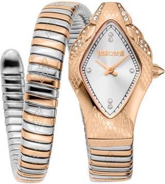 Just Cavalli Snake Wraparound Bracelet Watch, 22mm x 36.5mm in Two Tone Silver /Rose Gold at Nordstrom Rack