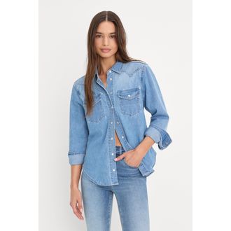 Good American Womens Dolly Slim Fit Denim Shirt | Light Blue, Size Medium | Good American by Khlo&Egrave; Kardashian