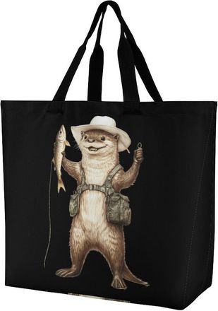 Generic Fisherman Otter Fishing Tote Bag Reusable Grocery Shopping Bags Large Travel One Shoulder Handbag for Picnic Work