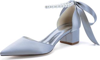 Generic Womens Pointed Toe Wedding Shoes Low Heels Satin Bridal Shoes Chunky Block Heels Comfortable Dance Shoes 4.5Cm,Silver,10 UK
