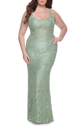 La Femme Fitted Beaded Lace Plus Size Prom Dress with Illusion Waist in Sage at Nordstrom, Size 18W