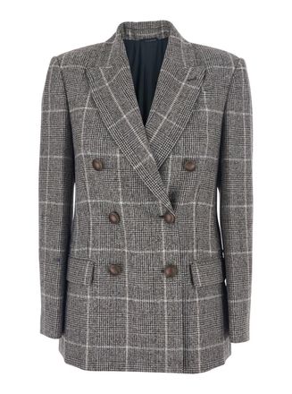 Brunello Cucinelli Grey Double-Breasted Jacket With All-Over Check Motif In Wool Woman