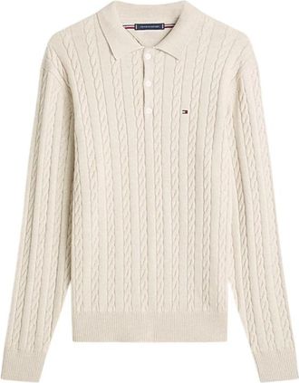 Tommy Hilfiger Kabelgebreide polo - Heren - Ronde hals truien - Beige - XL - Katoen - Truien & Vesten