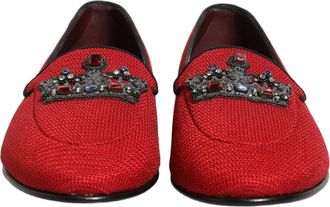 Dolce & Gabbana Mens Red Crown Embellished Dress Loafers Shoes Leather