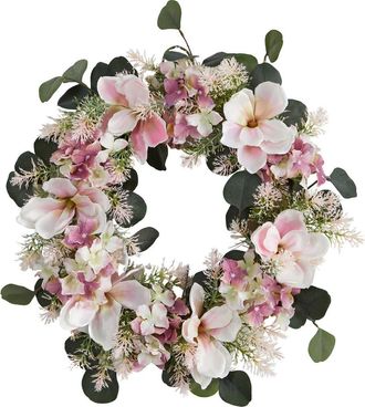 Nearly Natural 20-in Hydrangea and Magnolia Artificial Wreath in Pink at Nordstrom