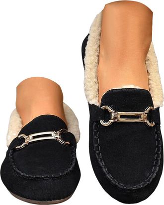 Generic Loafers for Women Slip On Winter Warm Suede Fuzzy Lined Casual Flat Shoes Womens Round Toe Soft Sole Comfort Non Slip Walking Shoes Outdoor Leisure Bu