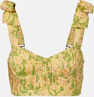 Poupette St Barth Carla pleated floral cotton crop top