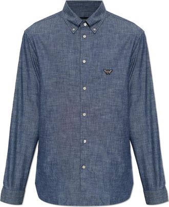 Emporio Armani Shirt met geborduurd logo - Heren - Casual Overhemden - Blauw - 2XL - Katoen - Overhemden