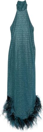 Os&eacute;ree Lumi&egrave;re Plumage halterneck dress - women - Polyamide/Metallic Fibre/Feather/Polyamide/Elastane - M - Blue