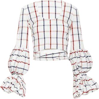 Rosie Assoulin checked seersucker puff sleeve wrap top