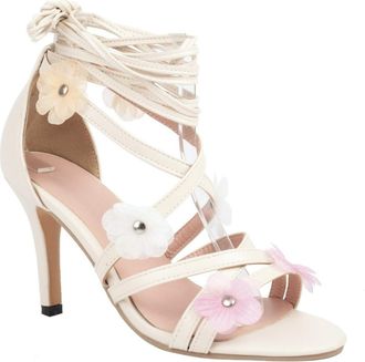 Generic Womens Open Toe Wedding Dress Shoes with Floral Applique Stiletto High Heel Bridal Sandals Lace Up Party Prom Shoes,Beige,4.5 UK