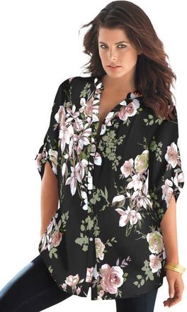 Roaman's Pintuck Tunic Blouse Y-Neck & Roll-Tab Sleeves in Black Romantic Rose at Nordstrom, Size 18